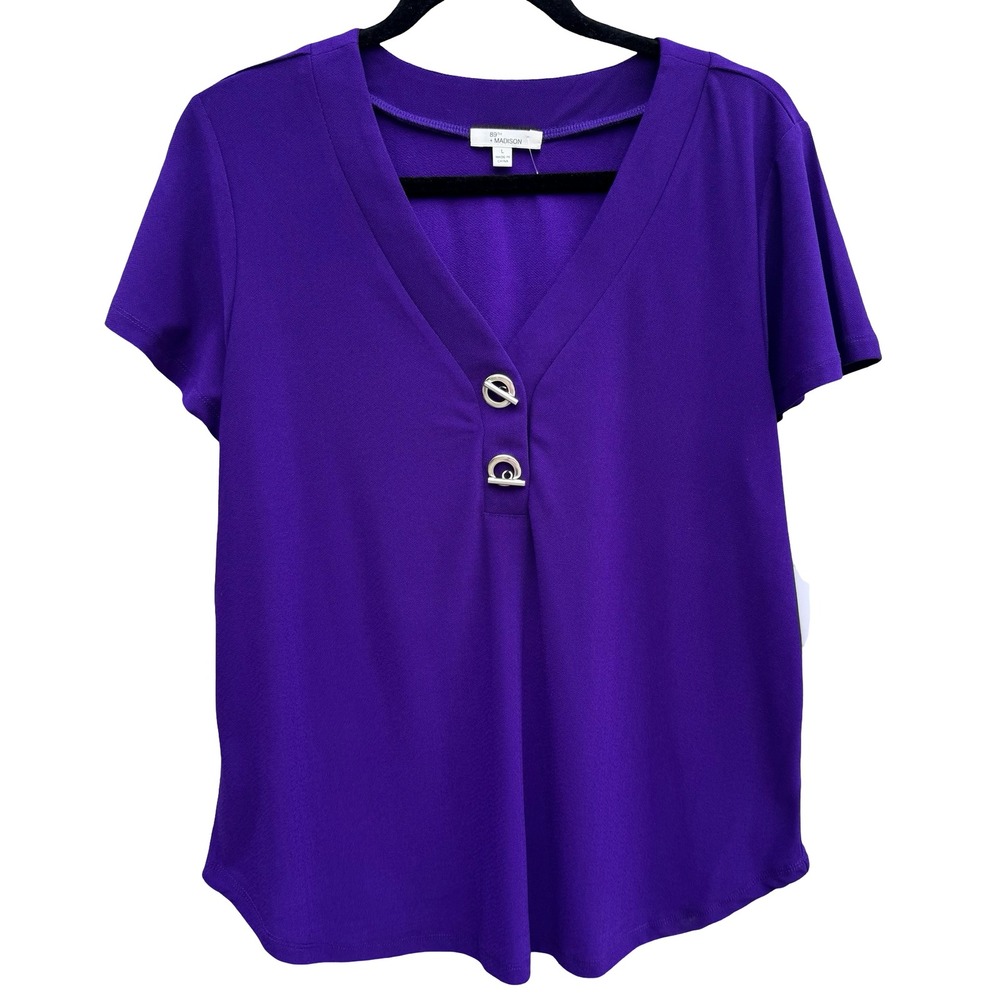 89th + Madison Purple V-Neck Short Sleeve Blouse Toggle Detail Large‎ NEW Office